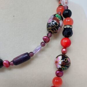 Vintage Cloisonne Glass Stone Mixed Bead Necklace Purple Black Red Orange 32"